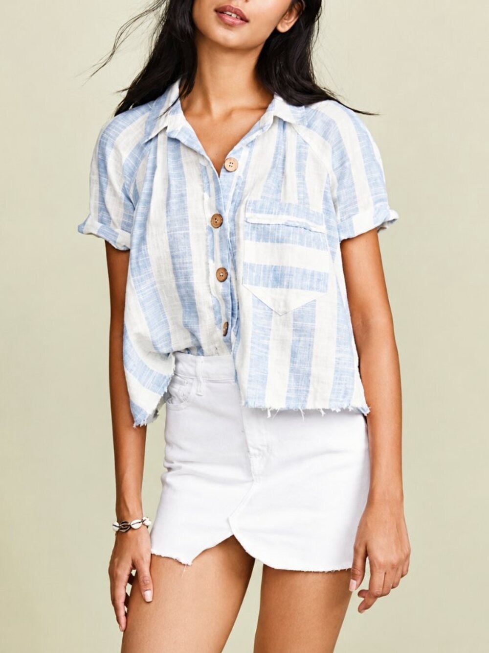 We The Free Light Blue & White Striped Short Sleeve Button-Up Shirt